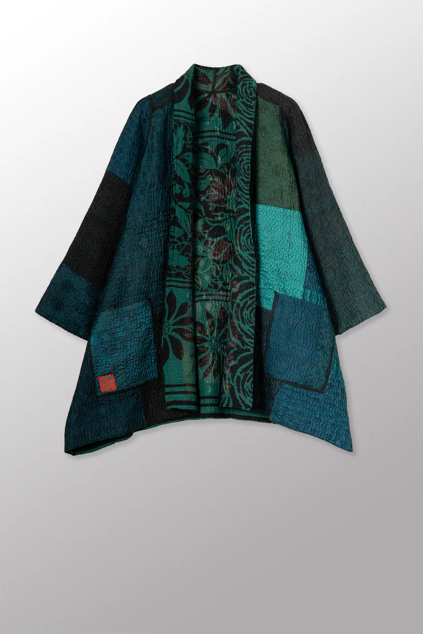 Mieko Mintz- EMERALD GREEN KANTHA A-LINE JACKET