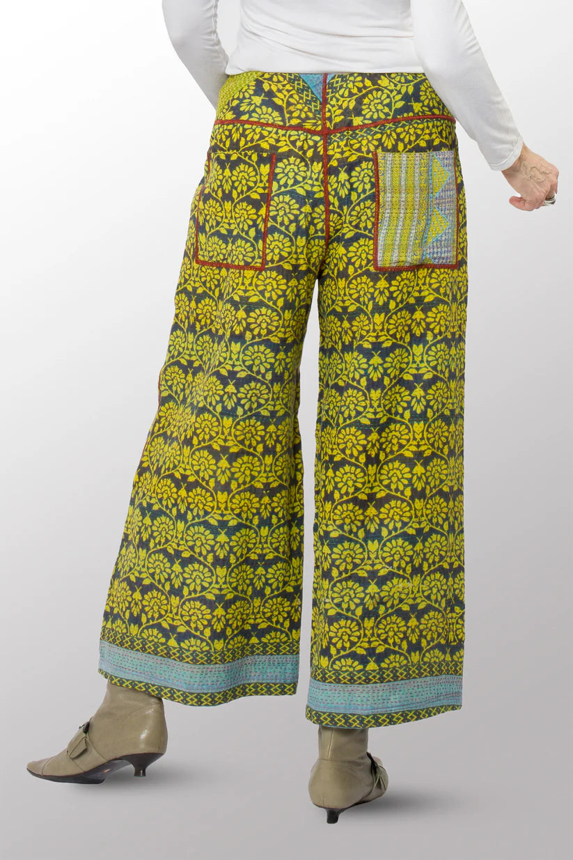 Mieko Mintz- VINTAGE COTTON KANTHA MID RISE WIDE LEG PANTS