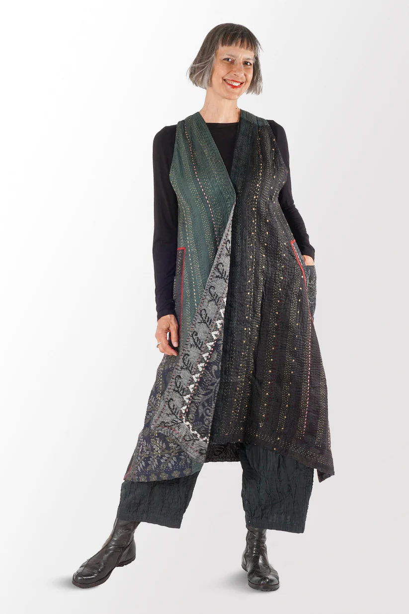 Mieko Mintz- STRIPE RALLIS KANTHA BACK PLEATED VEST MAXI