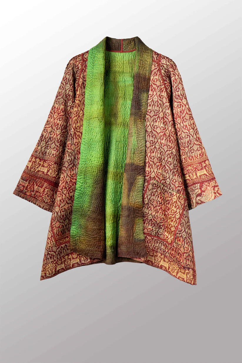 Mieko Mintz- VINTAGE JACQUARD CLAMP DYE WITH PRINTED SILK KANTHA A-LINE JACKET