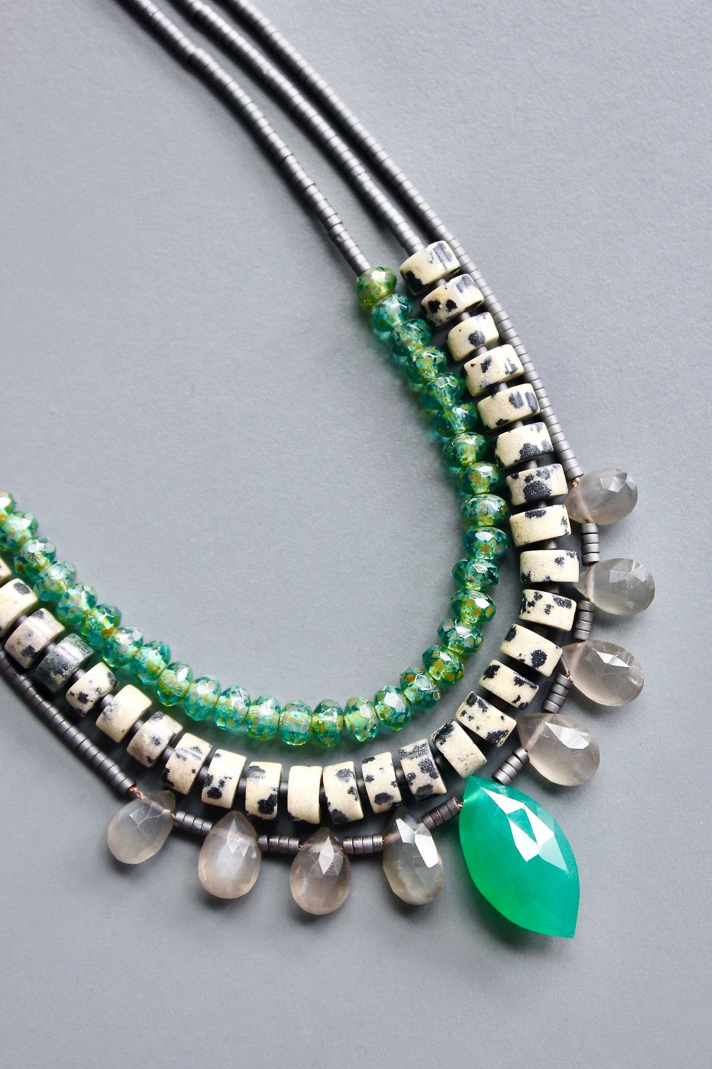 David Aubrey Jewelry - Green onyx, gray moonstone, and dalmatian necklace