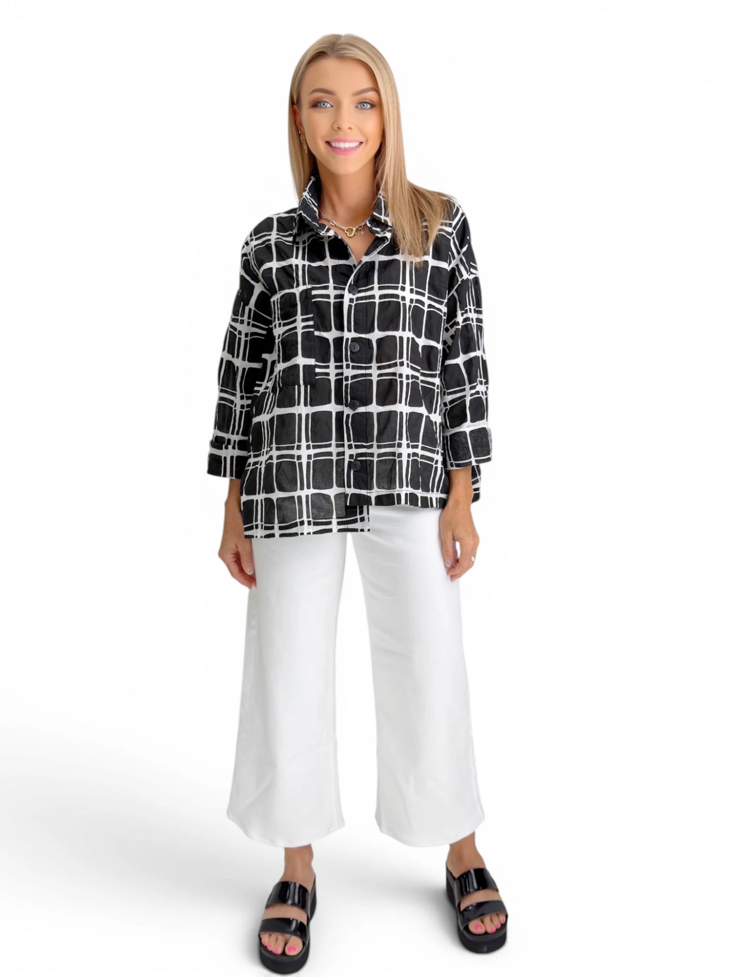 Dress to Kill- Hi-Lo Shirt- White/Black Square Crinkle