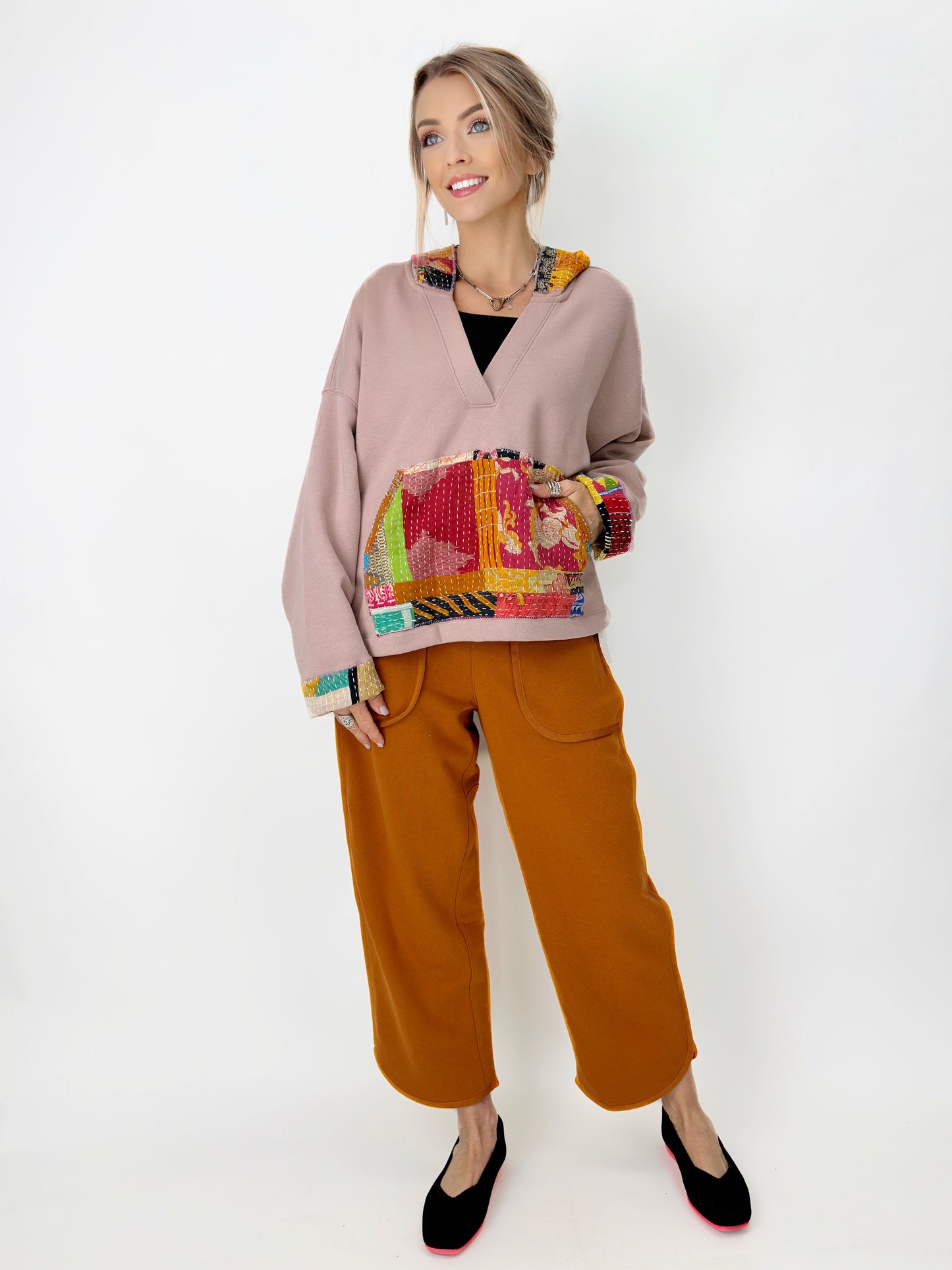 Narenee Designs- V-Neck Hoodie with Kantha Patchwork