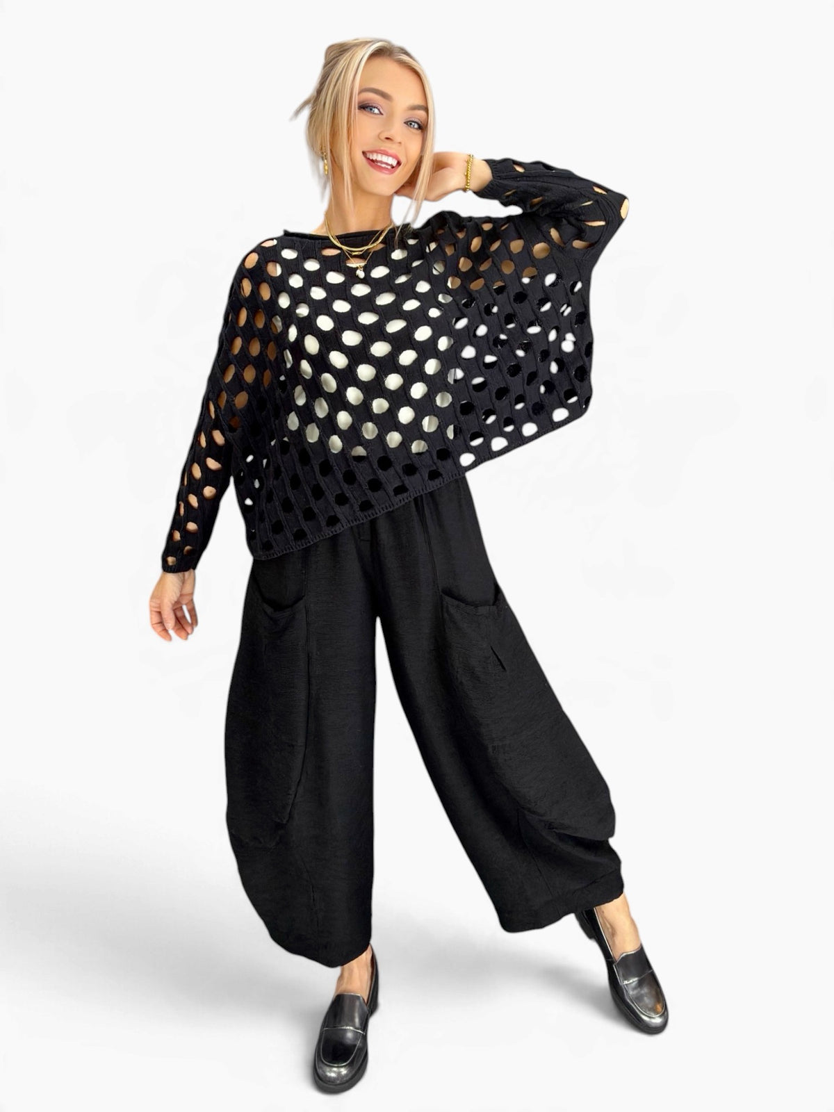 Olivia- Open Weave Cotton Chic Topper/ Black