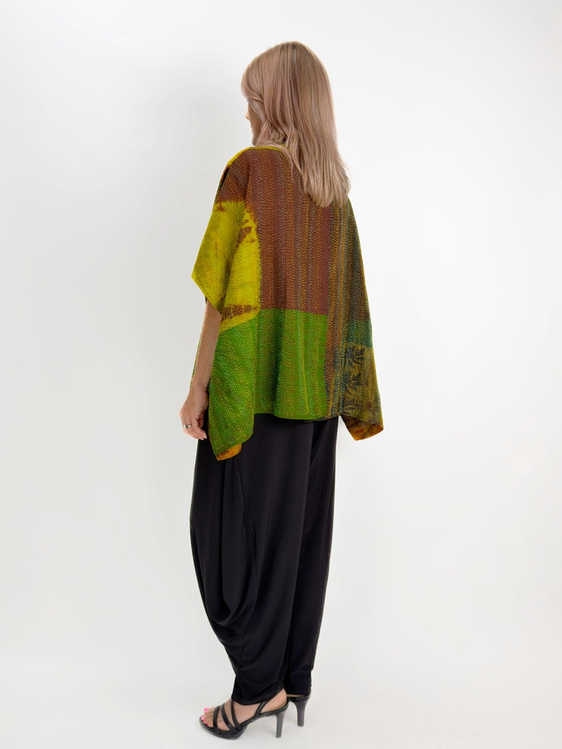 Mieko Mintz- Jacquard Silk Patch Tie Dye Circle Shibori Kantha Poncho Top