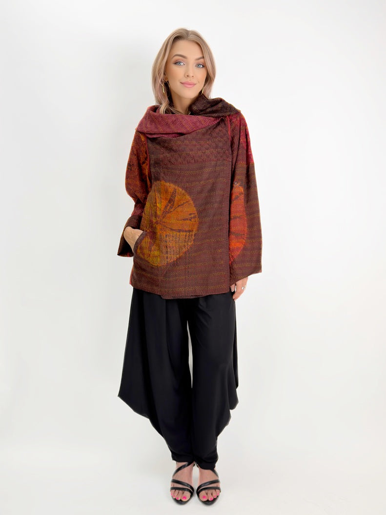 Mieko Mintz- Jacquard Silk Patch Tie Dye Circle Shibori Kantha Scarf Neck Blouse