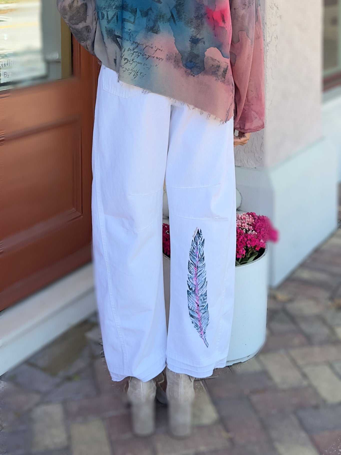 Narenee Designs- Hand-Painted White Cotton Barrel Pants