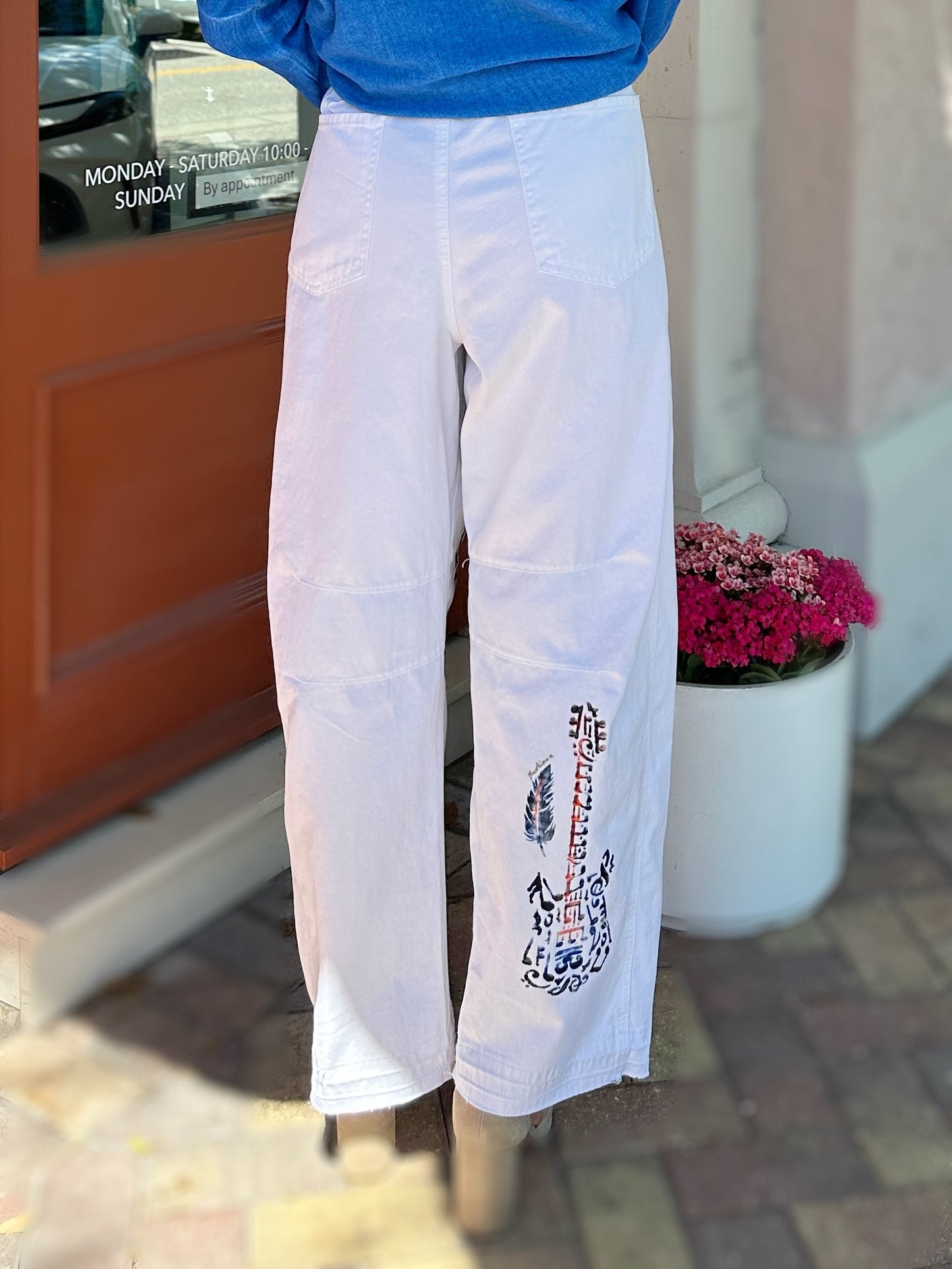 Narenee Designs- Hand-Painted White Cotton Barrel Pants