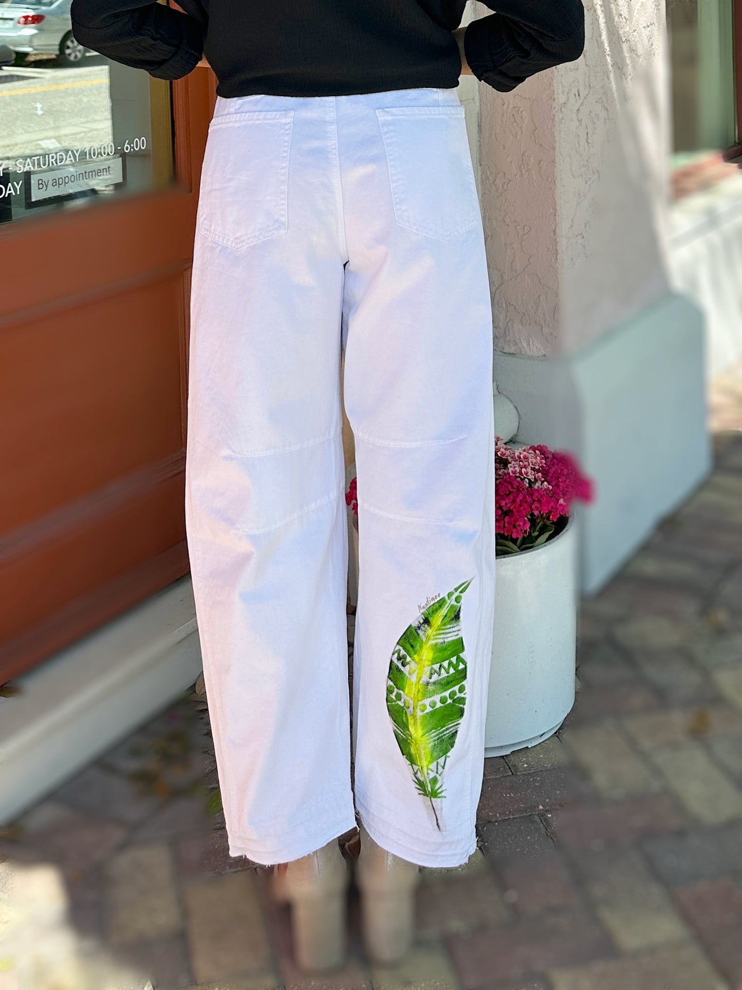 Narenee Designs- Hand-Painted White Cotton Barrel Pants