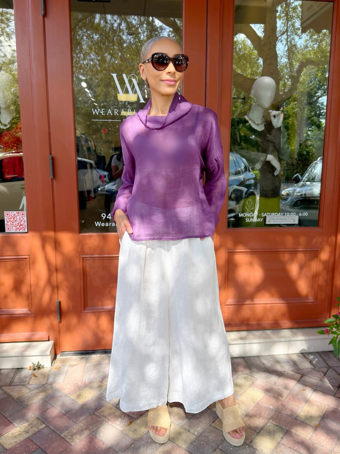 Mia Collection- Linen Cowl Neck Top/ Purple