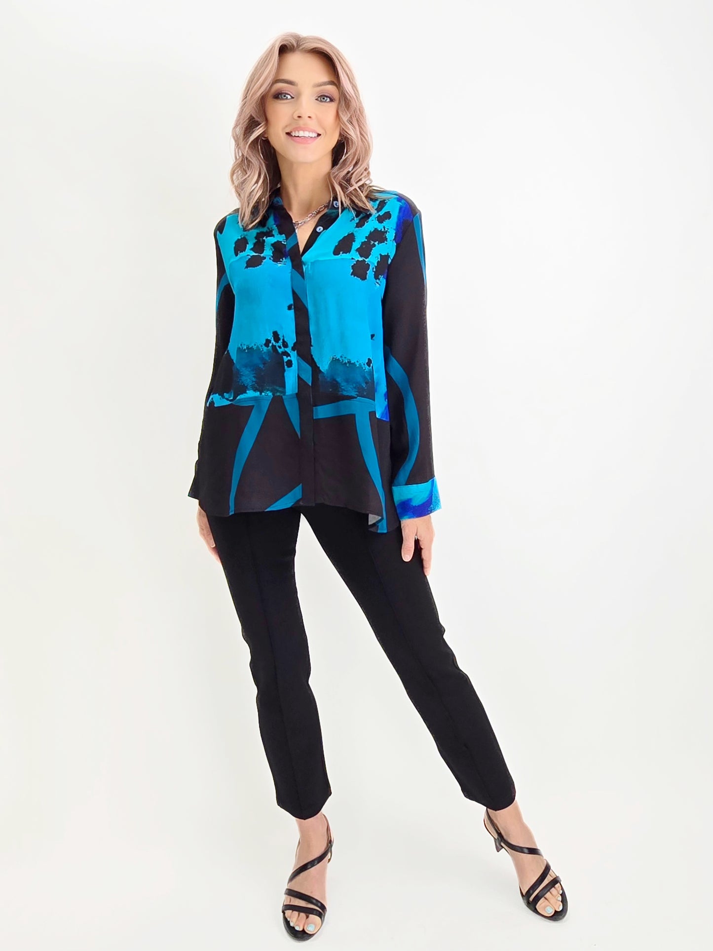 Lemon Grass- Print Blocked Blouse/Lyons Blue