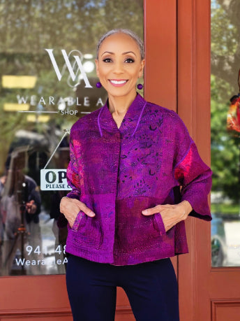 Mieko Mintz- Tie Dye Circle Shibori Kantha Stand Collar Cropped Jacket