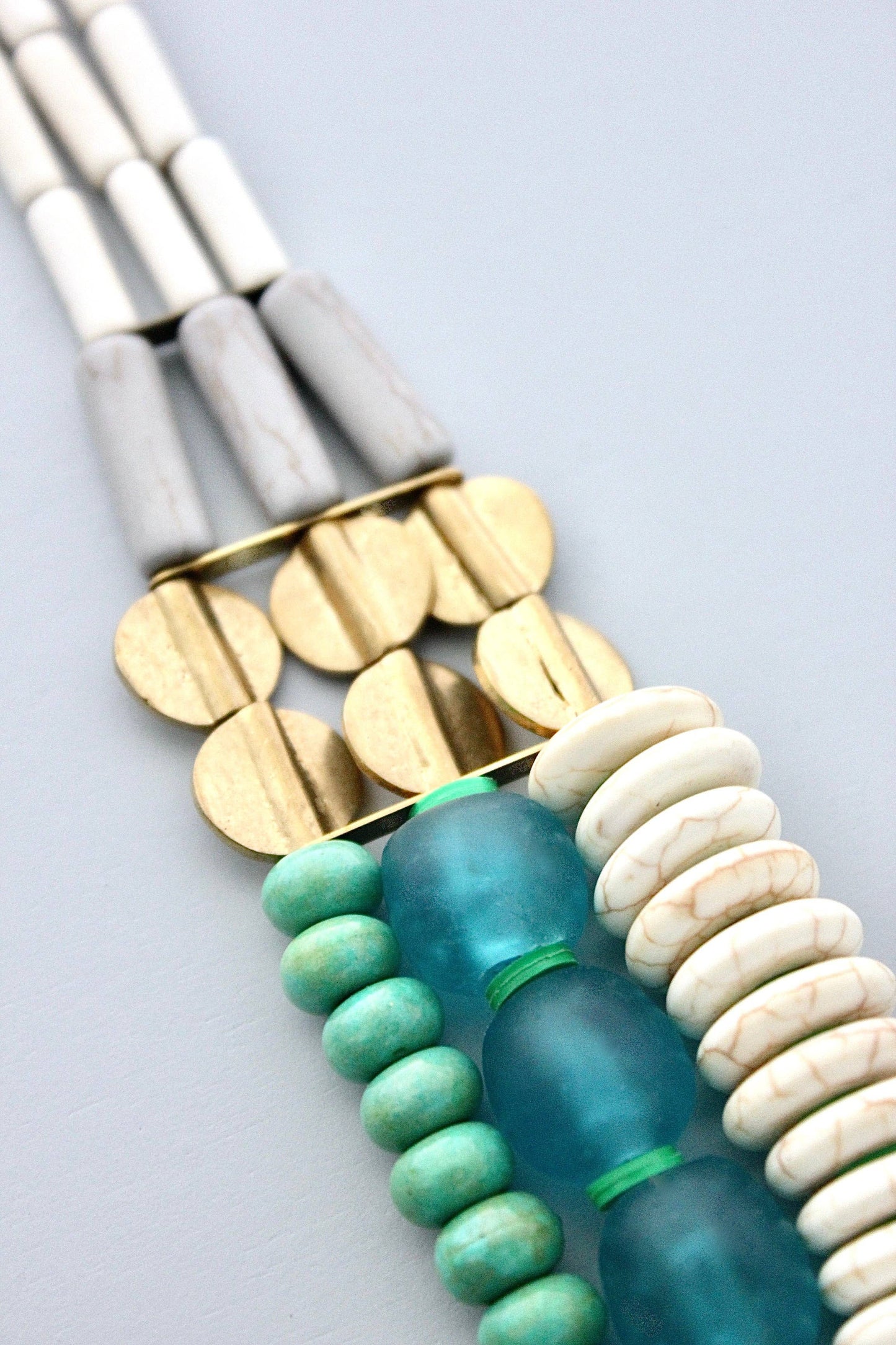 David Aubrey Jewelry - Triple strand white, aqua Ghana glass, and turquoise