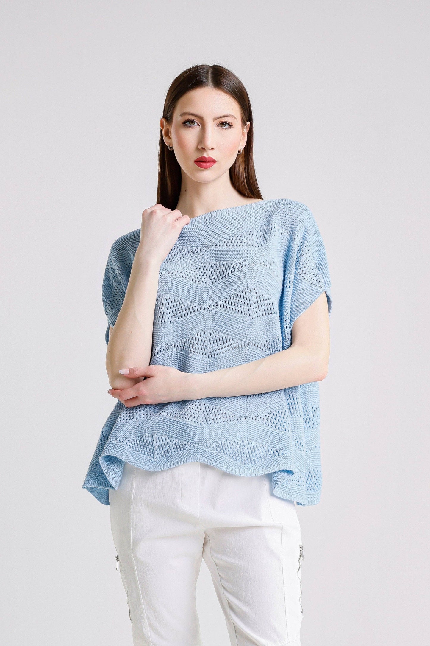 TINA Stephens - Patsy SS Wave Knit Sweater/Sky Blue