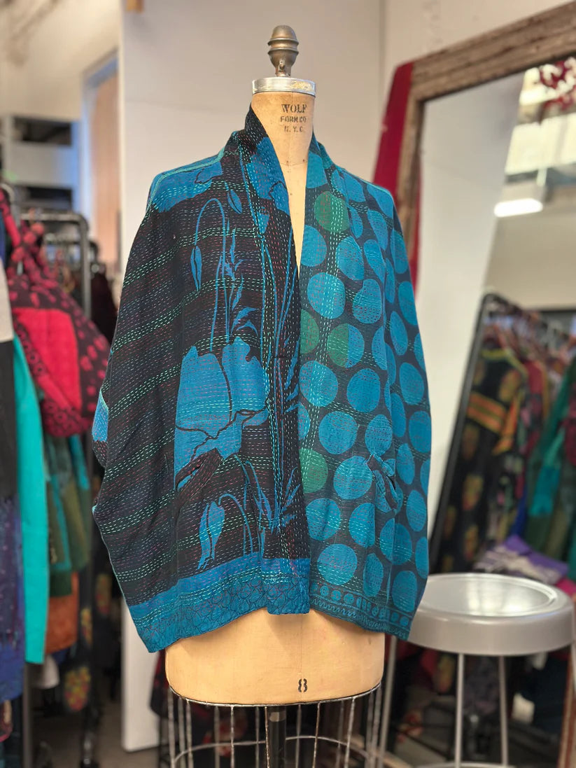 Mieko Mintz- VINTAGE SILK GEORGETTE COTTON KANTHA MINI PONCHO