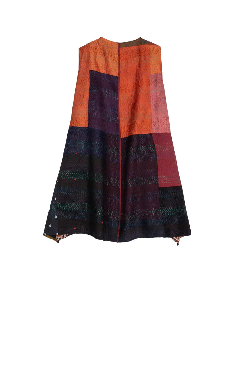 Mieko Mintz- VINTAGE SILK PATCH KANTHA BELL SHAPE LONG VEST