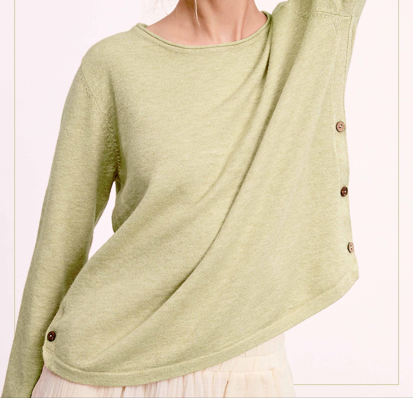 La Miel - Rolled Hem Side Button Top/Pistachio