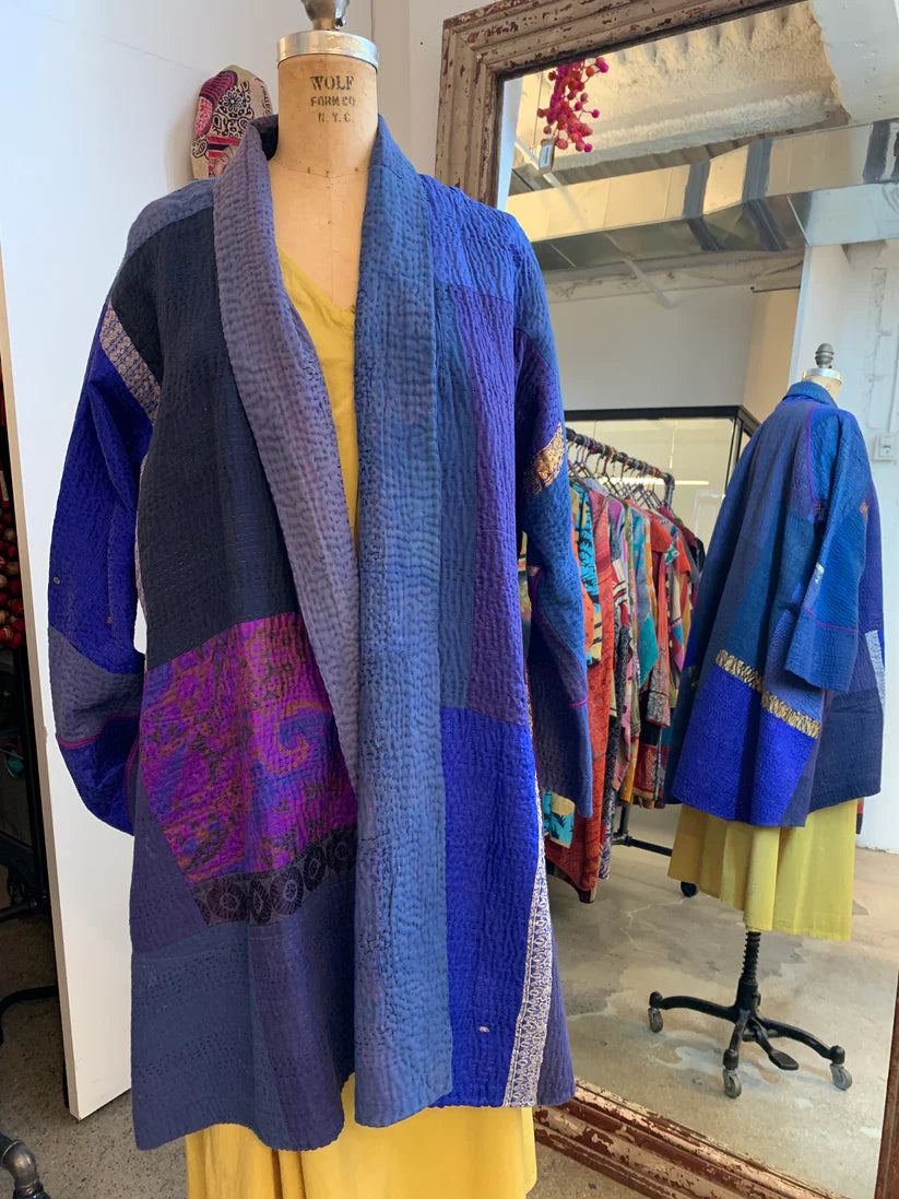 Mieko Mintz- COTTON SILK SW PATCH KANTHA KIMONO LONG JKT