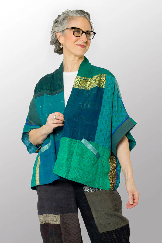 Mieko Mintz- COTTON SILK SW PATCH KANTHA MINI PONCHO