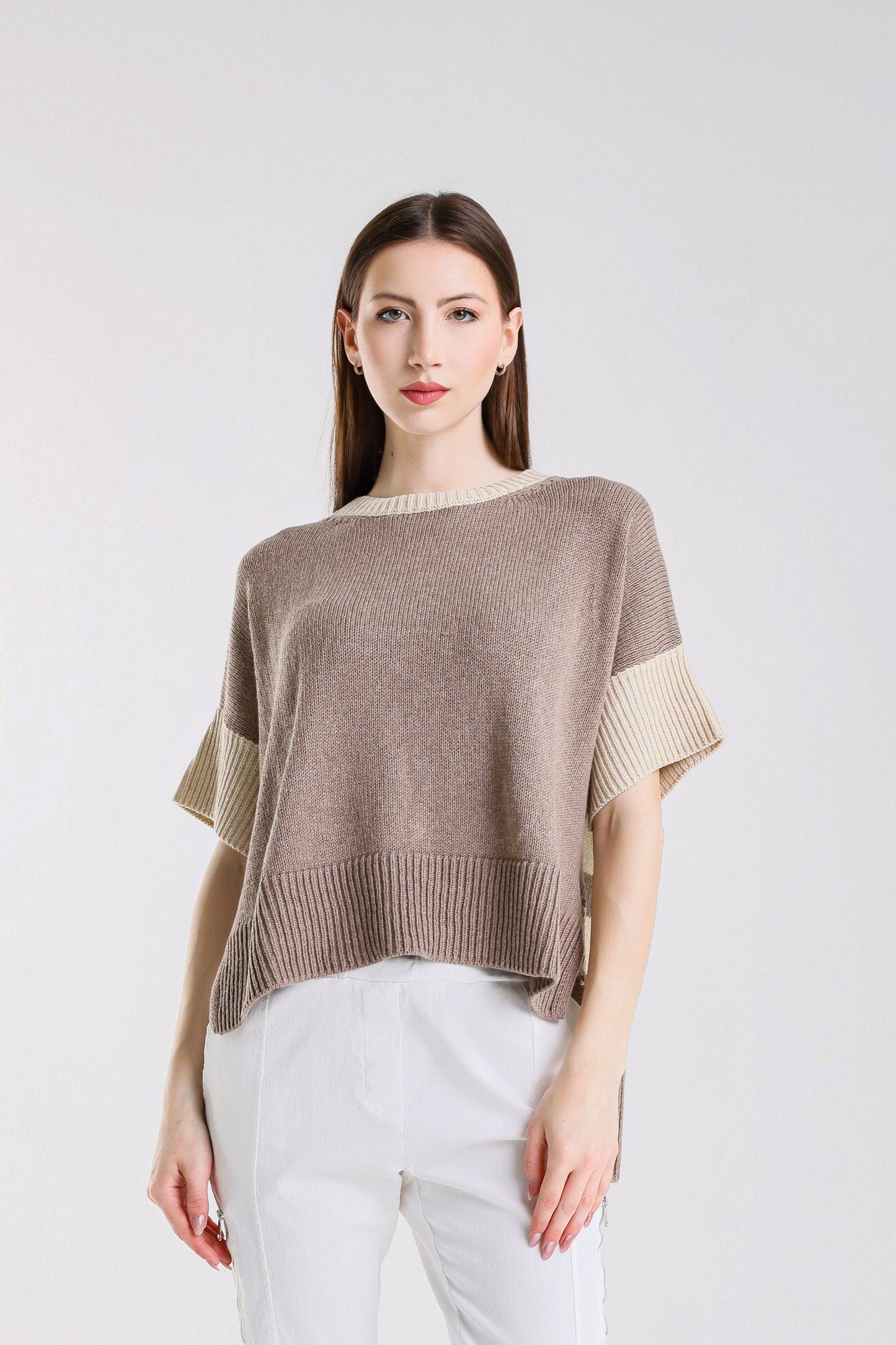 TINA Stephens - Mare Striped High/Low Sweater /Taupe-Beige