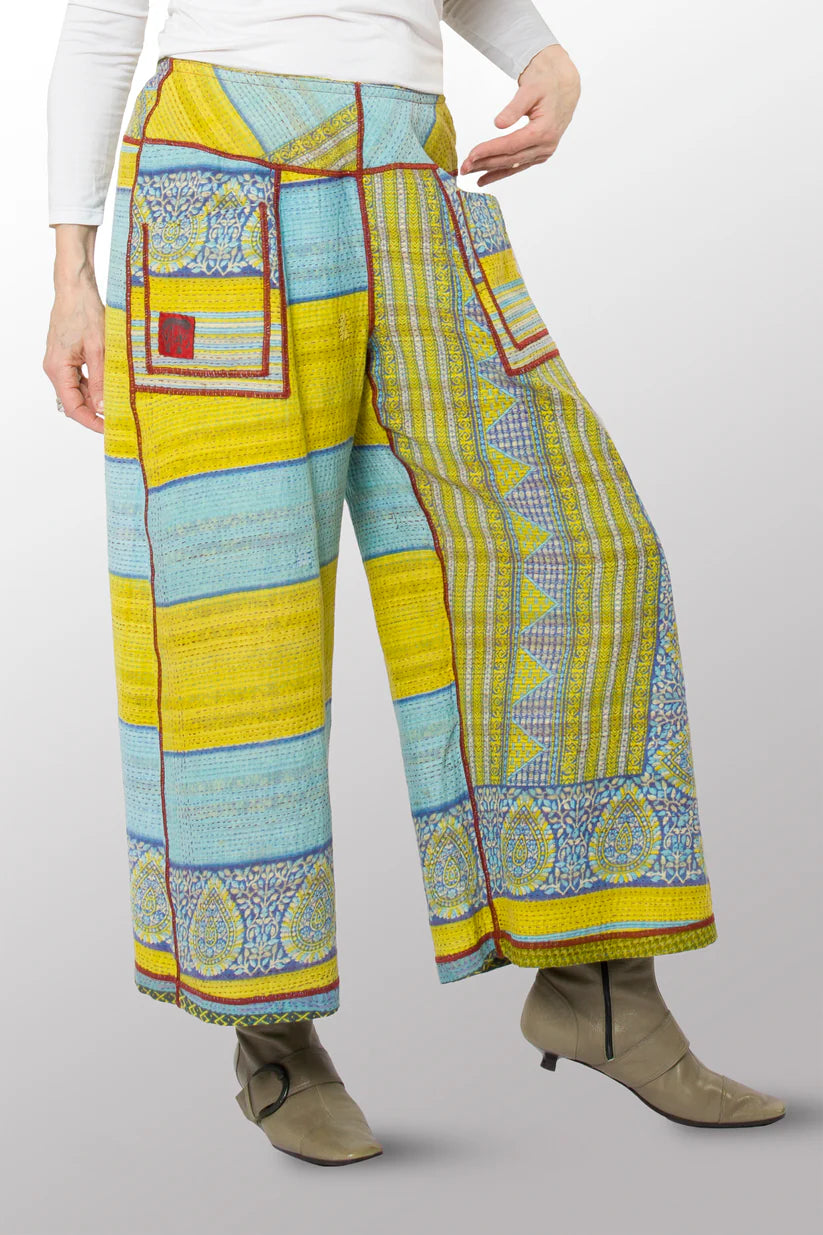 Mieko Mintz- VINTAGE COTTON KANTHA MID RISE WIDE LEG PANTS