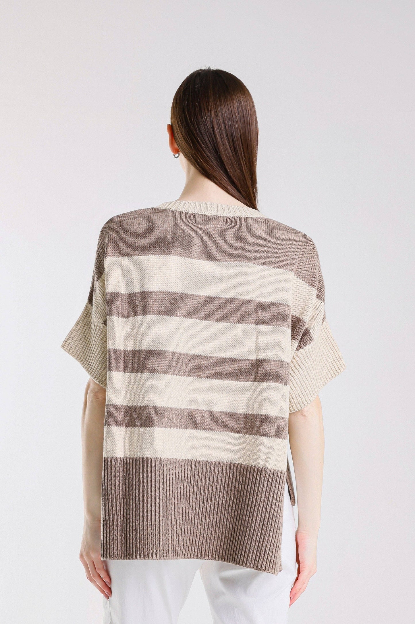TINA Stephens - Mare Striped High/Low Sweater /Taupe-Beige