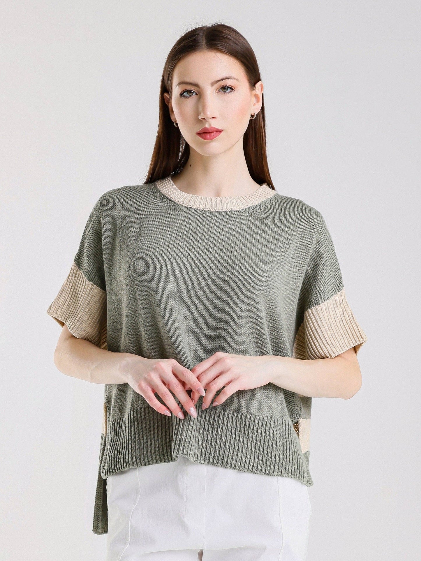 TINA Stephens - Mare Striped High/Low Sweater/Army/Beige