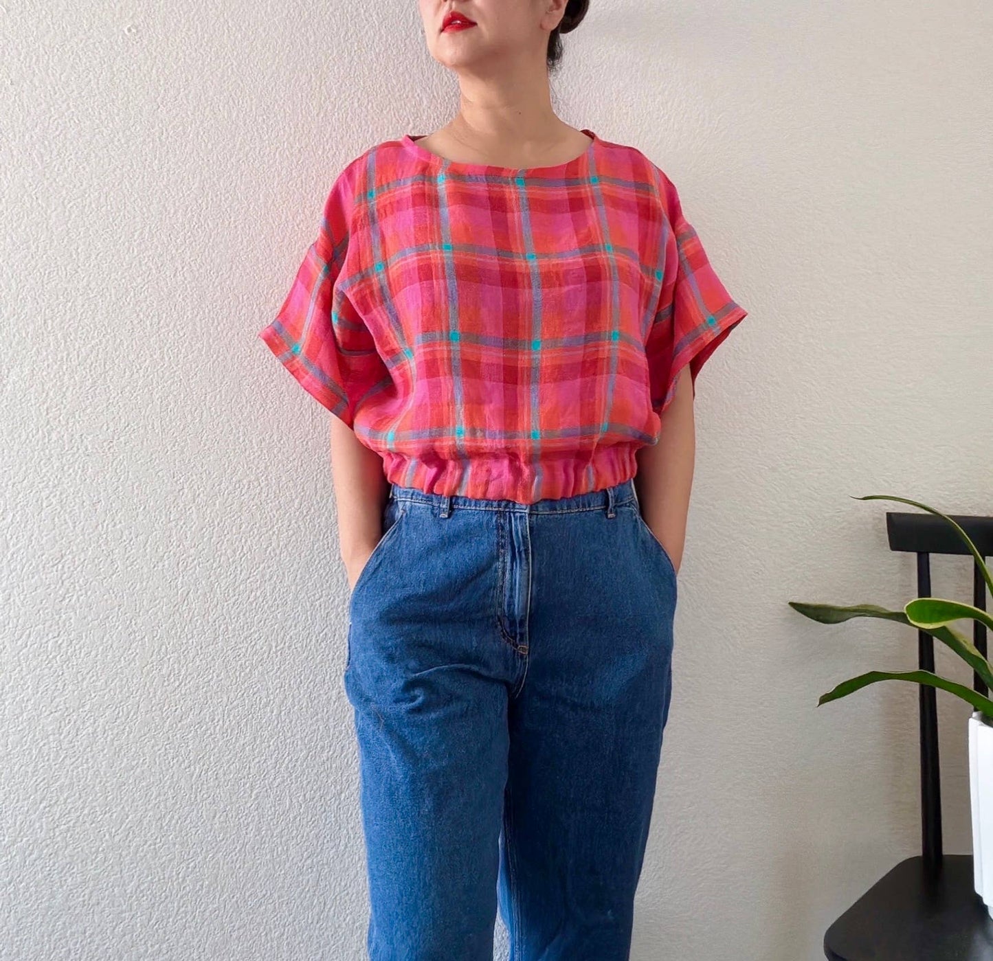 Joolee - Pink Check Linen Top