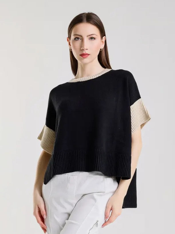 TINA Stephens - Mare Striped High/Low Sweater/Black/Beige