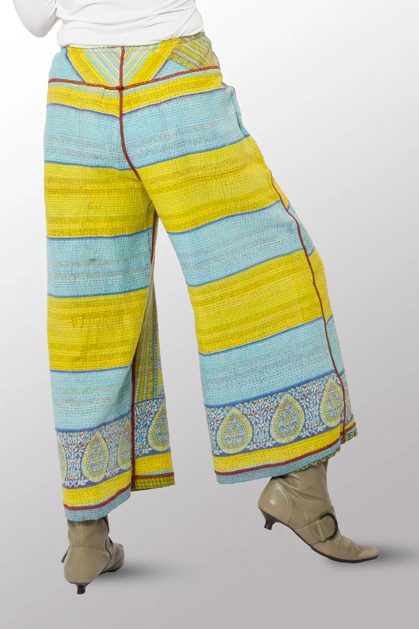 Mieko Mintz- VINTAGE COTTON KANTHA MID RISE WIDE LEG PANTS