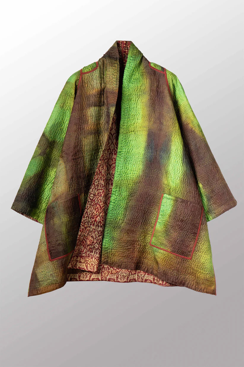 Mieko Mintz- VINTAGE JACQUARD CLAMP DYE WITH PRINTED SILK KANTHA A-LINE JACKET