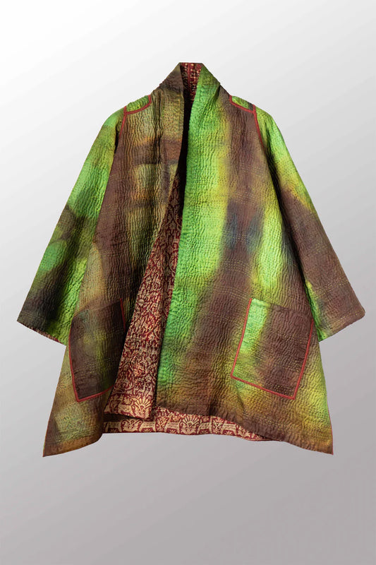Mieko Mintz- VINTAGE JACQUARD CLAMP DYE WITH PRINTED SILK KANTHA A-LINE JACKET