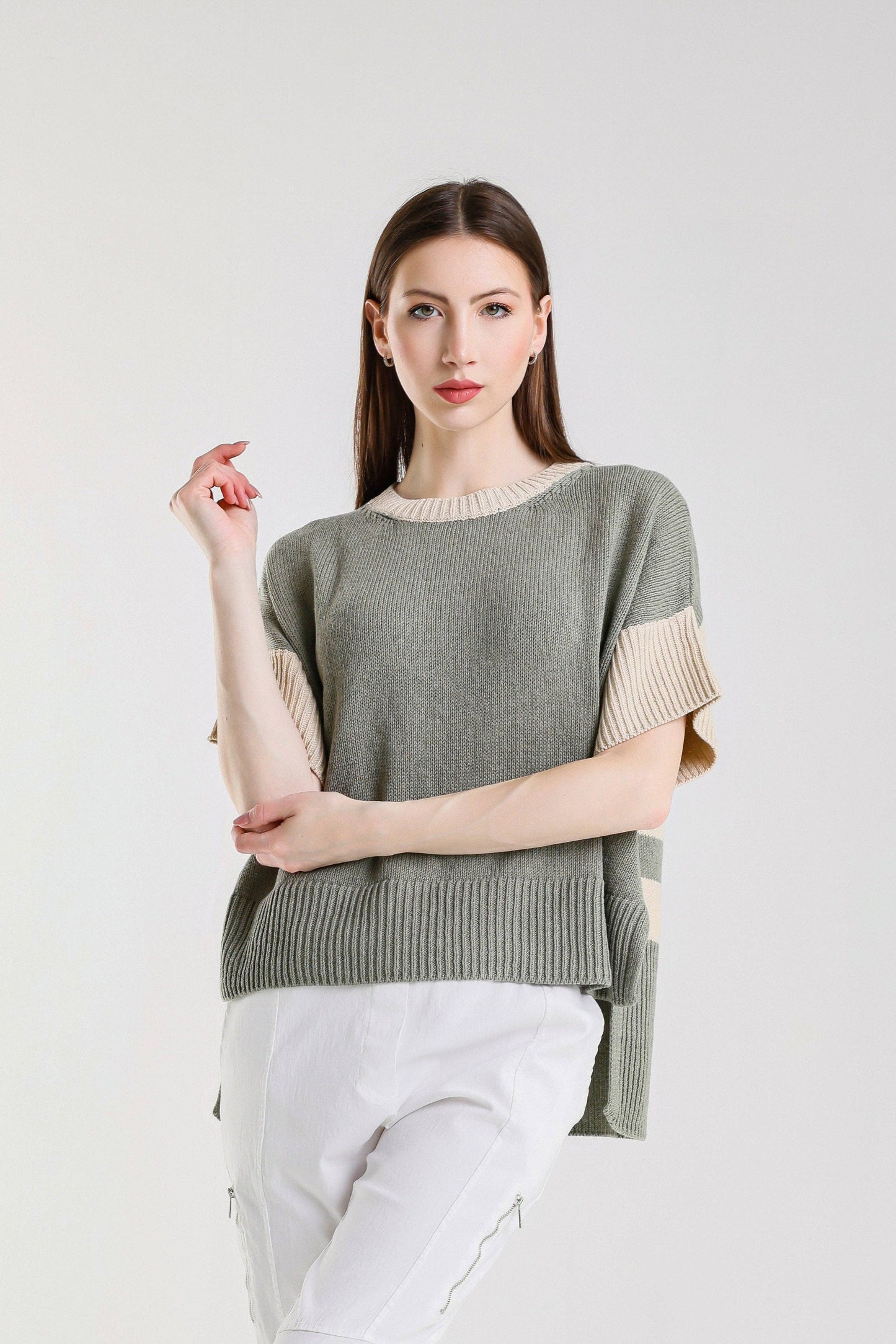 TINA Stephens - Mare Striped High/Low Sweater/Army/Beige