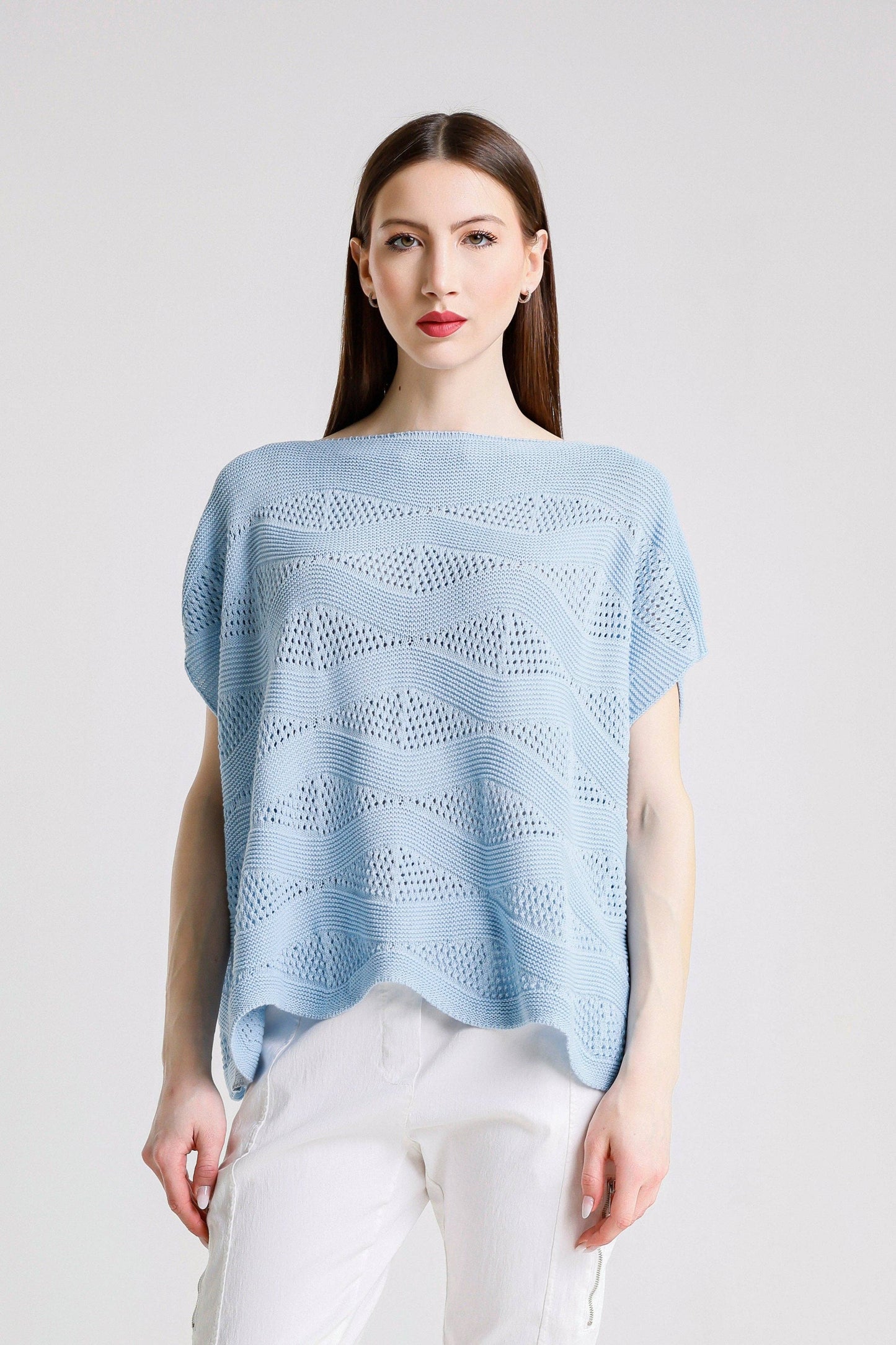 TINA Stephens - Patsy SS Wave Knit Sweater/Sky Blue