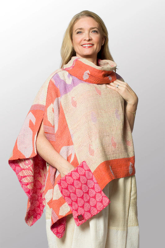 Mieko Mintz- VINTAGE COTTON KANTHA COWL NECK LONG CAPE