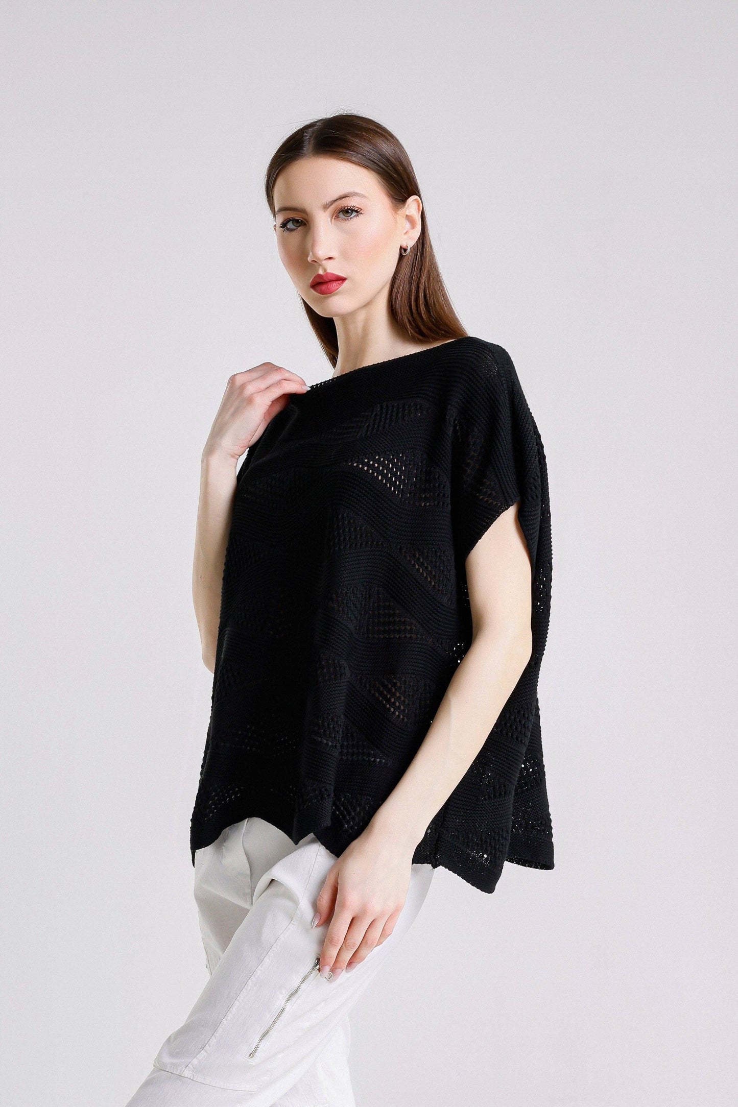 TINA Stephens - Patsy SS Wave Knit Sweater/ Black