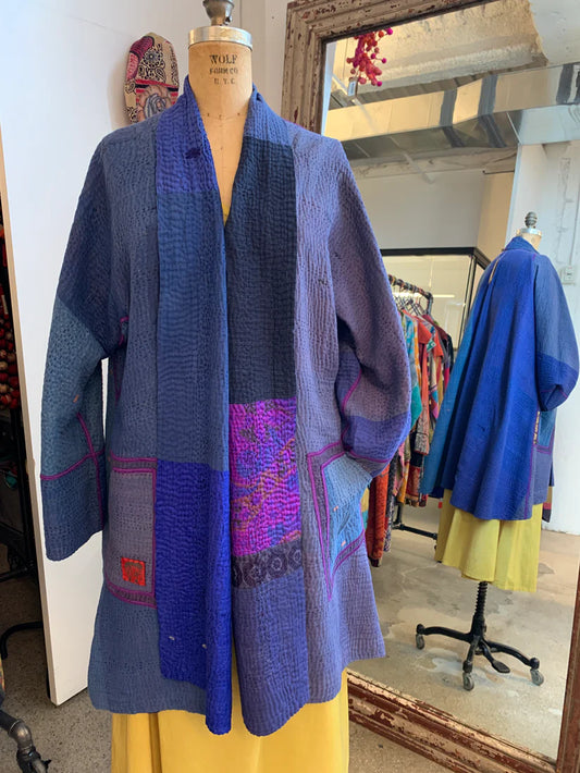 Mieko Mintz- COTTON SILK SW PATCH KANTHA KIMONO LONG JKT