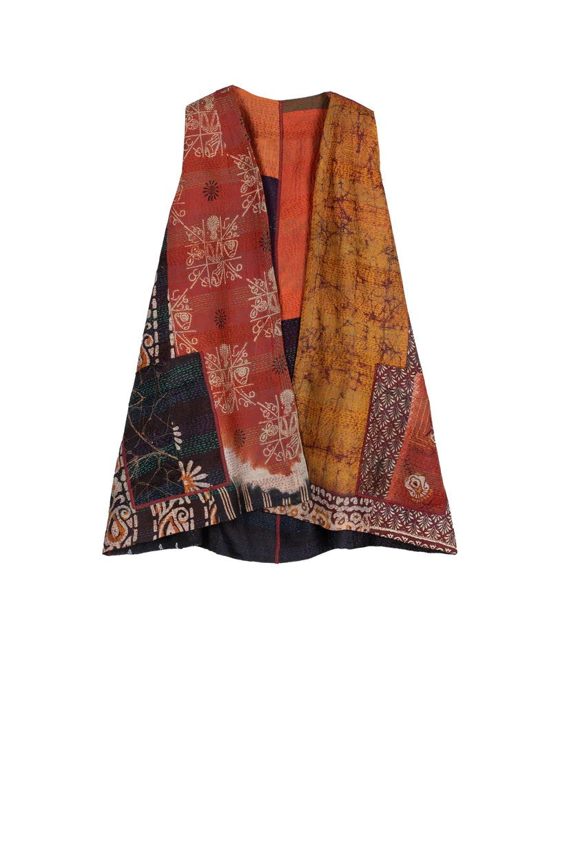 Mieko Mintz- VINTAGE SILK PATCH KANTHA BELL SHAPE LONG VEST