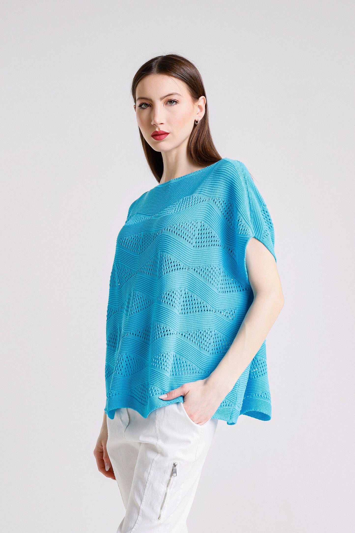 TINA Stephens  - Patsy SS Wave Knit Sweater/ Turq