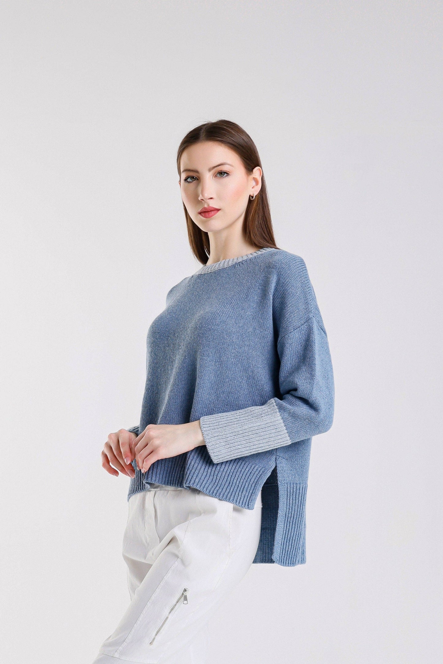 TINA Stephens - Lisbeth Contrast Neck Hi/Low Sweater