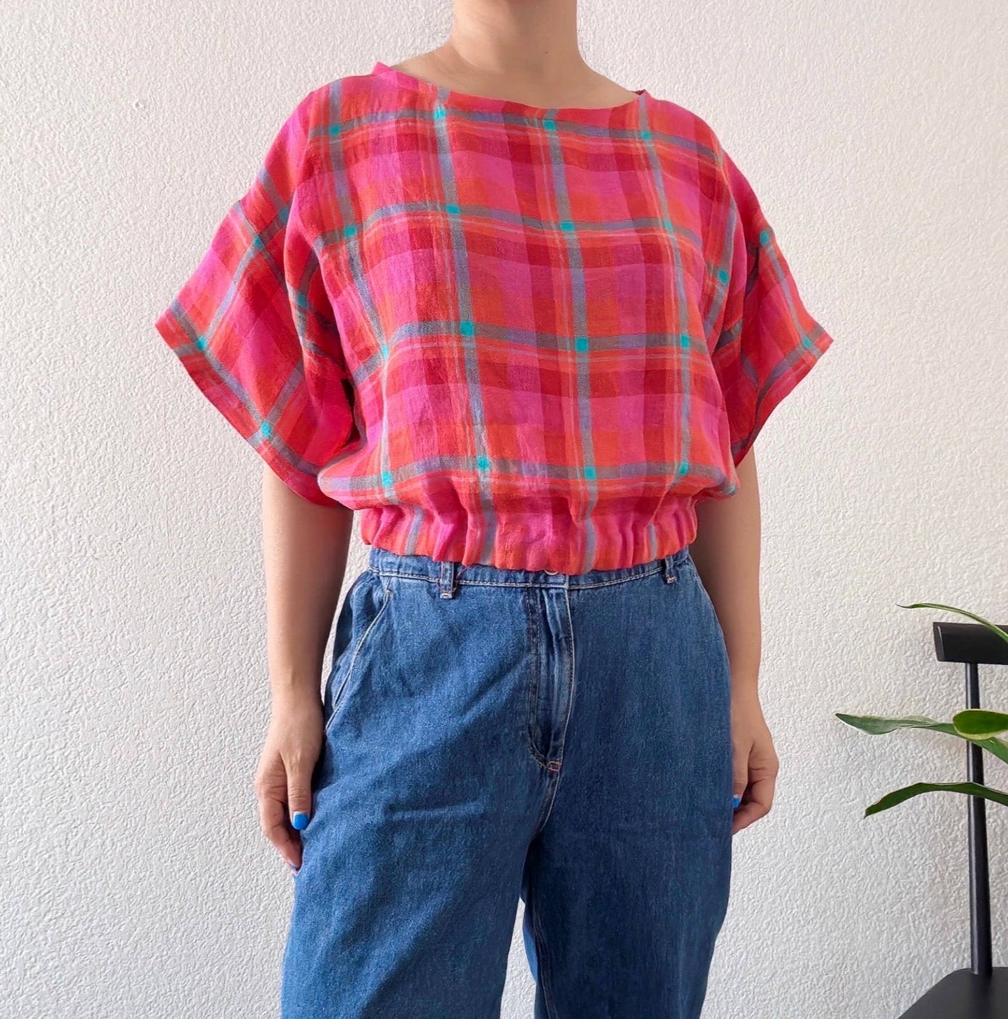 Joolee - Pink Check Linen Top
