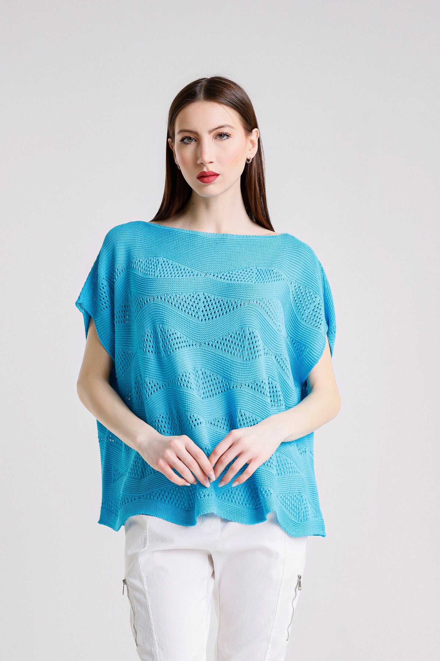 TINA Stephens  - Patsy SS Wave Knit Sweater/ Turq