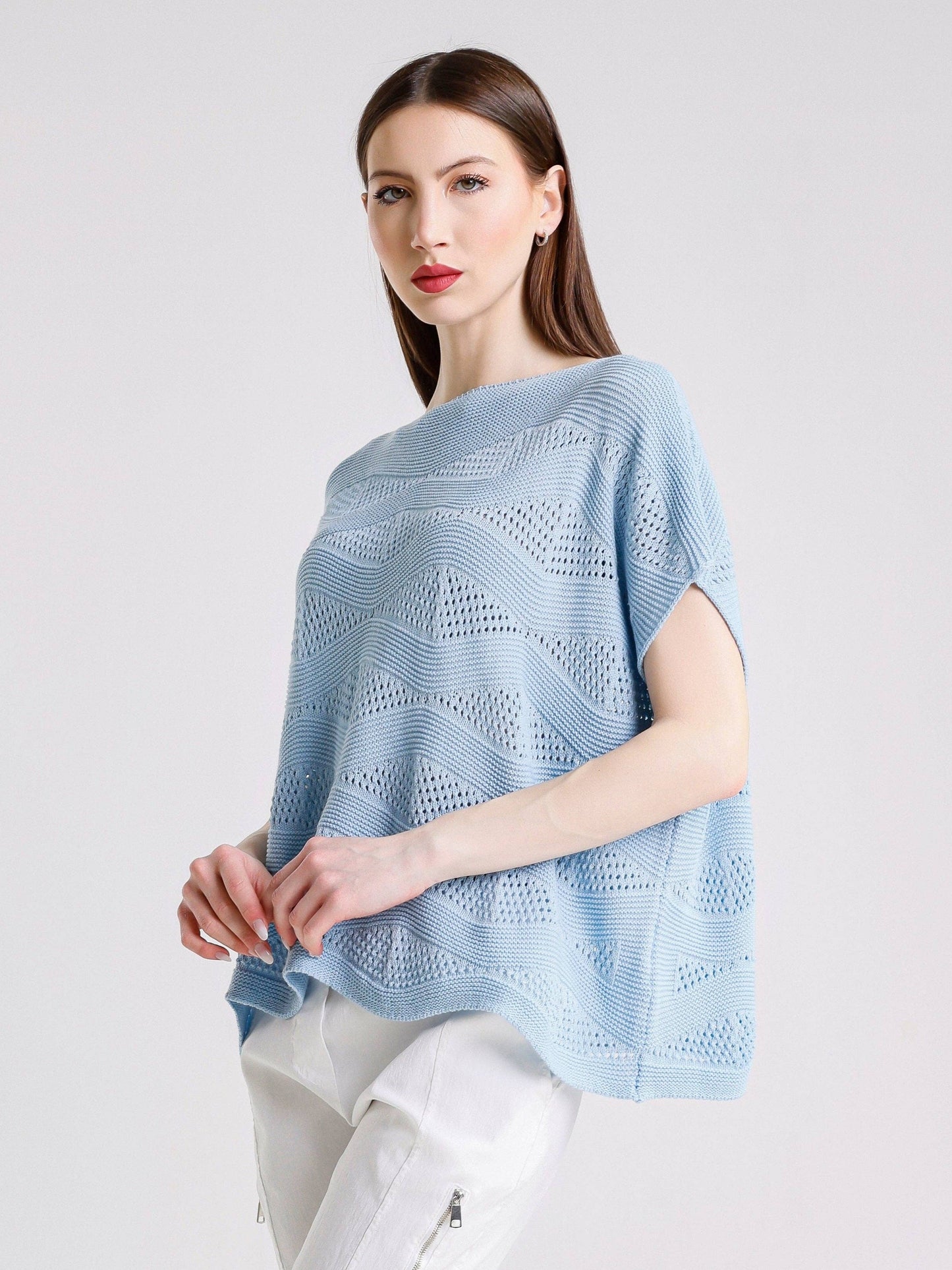TINA Stephens - Patsy SS Wave Knit Sweater/Sky Blue