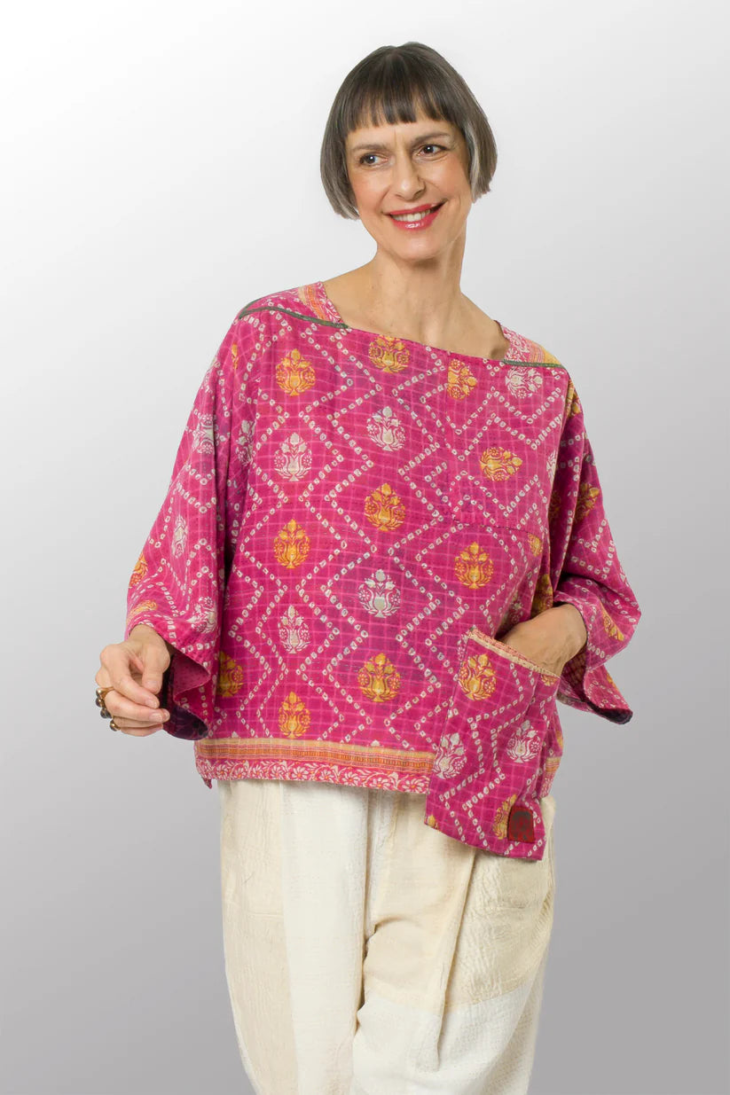 Mieko Mintz- Vintage Cotton Kantha 3/4 SLV. Crop Top Mio