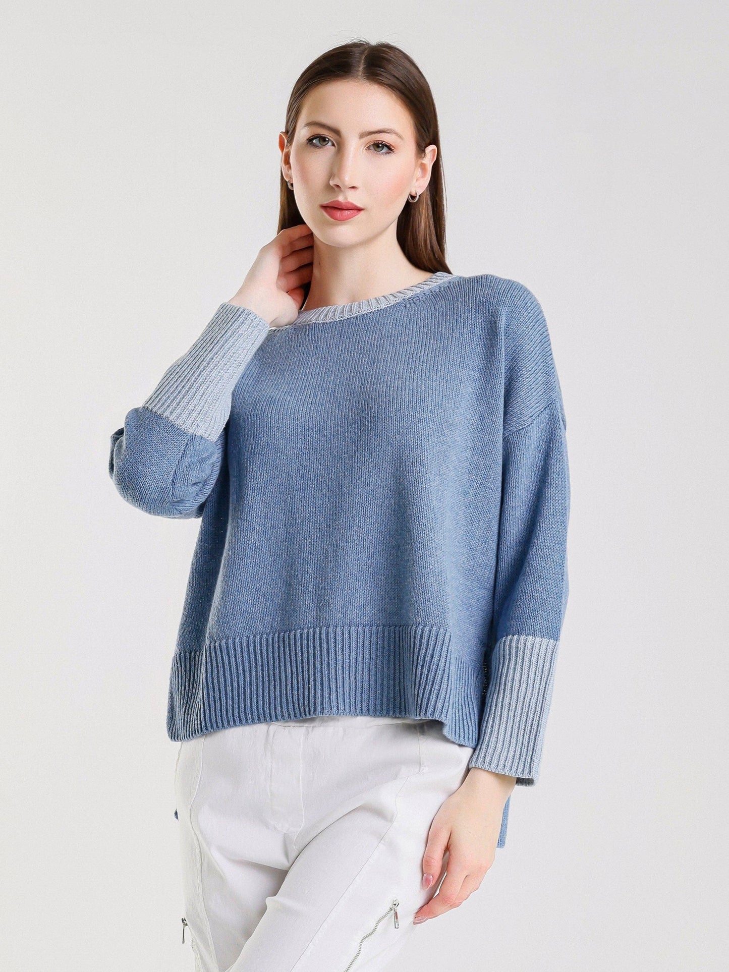 TINA Stephens - Lisbeth Contrast Neck Hi/Low Sweater