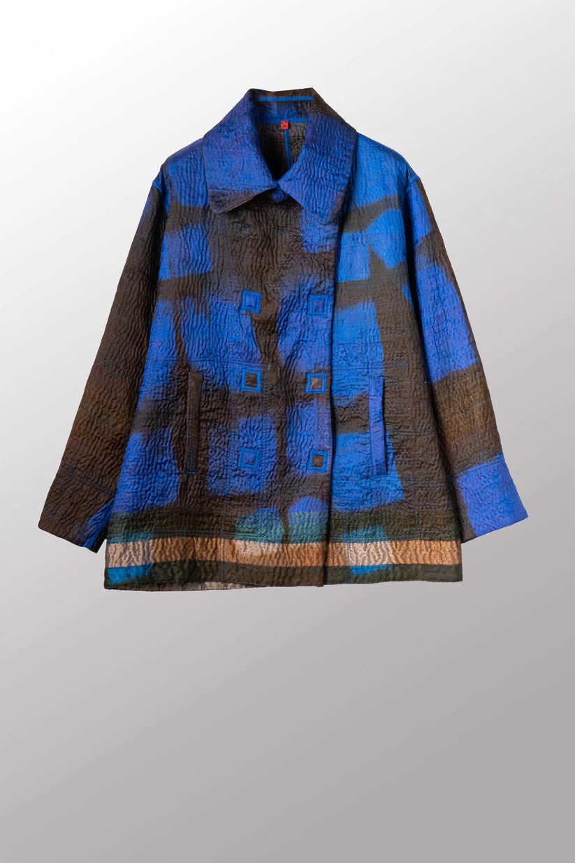 Mieko Mintz- VINTAGE JACQUARD CLAMP DYE WITH PRINTED SILK KANTHA PEA COAT