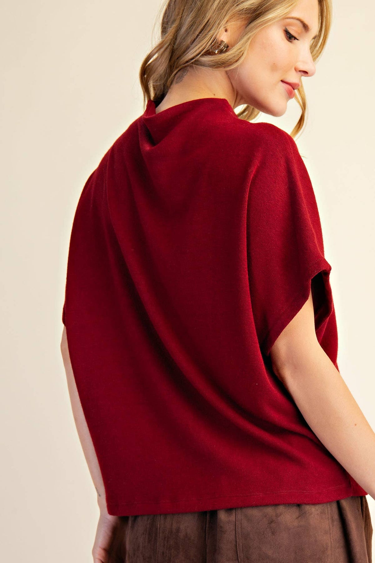 Glam - Mock Neck Pullover Knit Top/ Burgundy