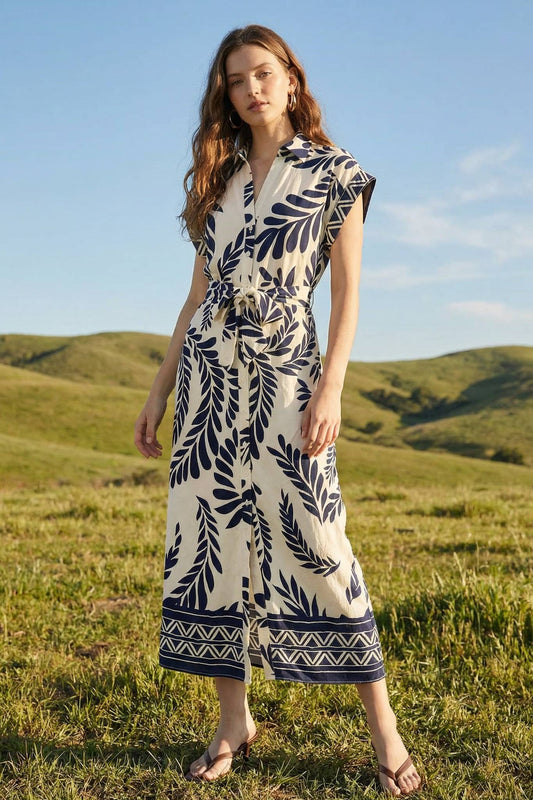 Taelynn - Leaf Print Midi Shirt Dress