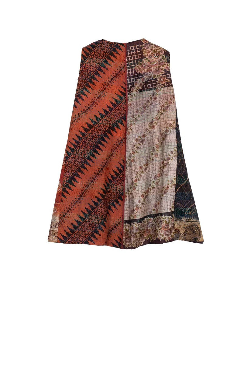Mieko Mintz- VINTAGE SILK PATCH KANTHA BELL SHAPE LONG VEST