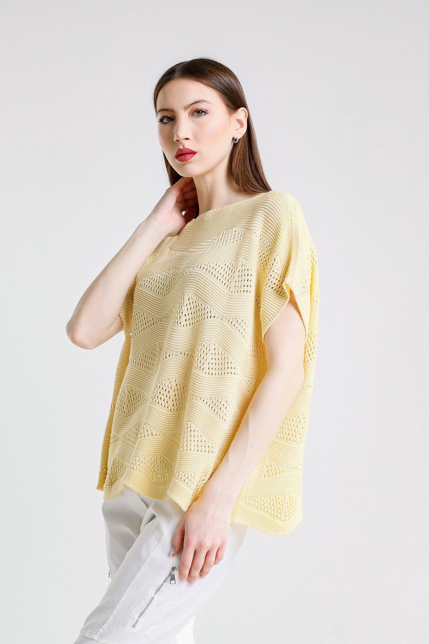 TINA Stephens- Patsy SS Wave Knit Sweater /Daffodil